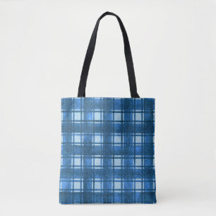 Blue and White Modern Denim Plaid Pattern Tote Bag