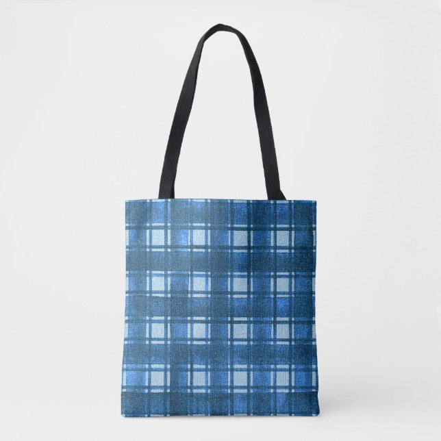 Blue and White Modern Denim Plaid Pattern Tote Bag (Front)