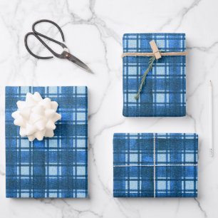 Blue and White Modern Denim Plaid Pattern Wrapping Paper Sheet