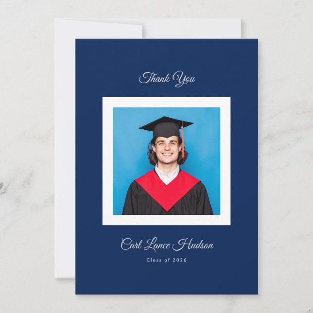 Blue and White Modern High School Photo Grad Thank You Card (Front)