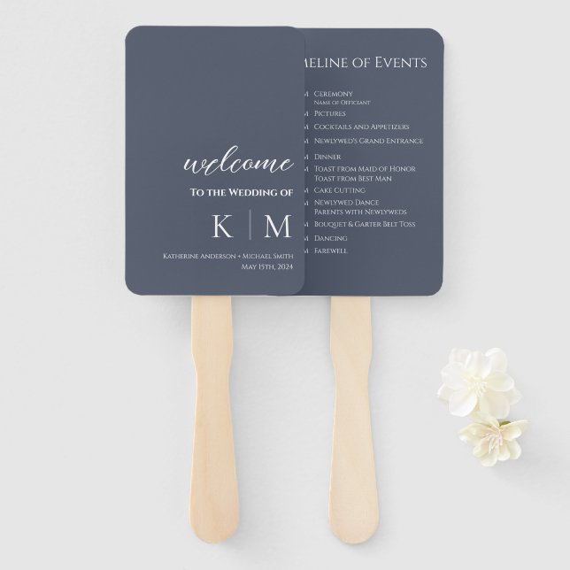 Blue and White-Modern- Monogram-Wedding Program- Hand Fan (Front and Back)