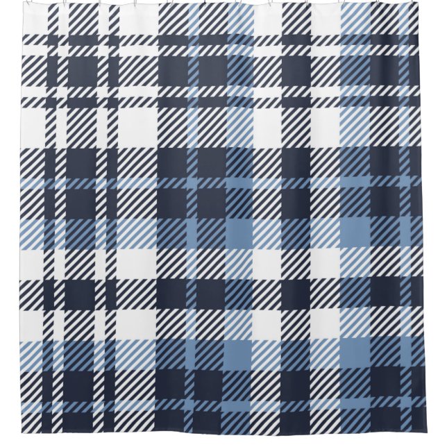Blue and White modern tartan plaid Scottish seamle Shower Curtain (Front)