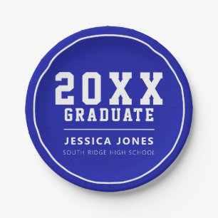 Blue and White Modern Varsity Class of 2021 Paper Plate