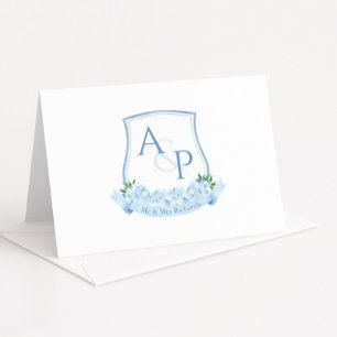 Blue And White Monogram Botanical Crest Wedding Thank You Card