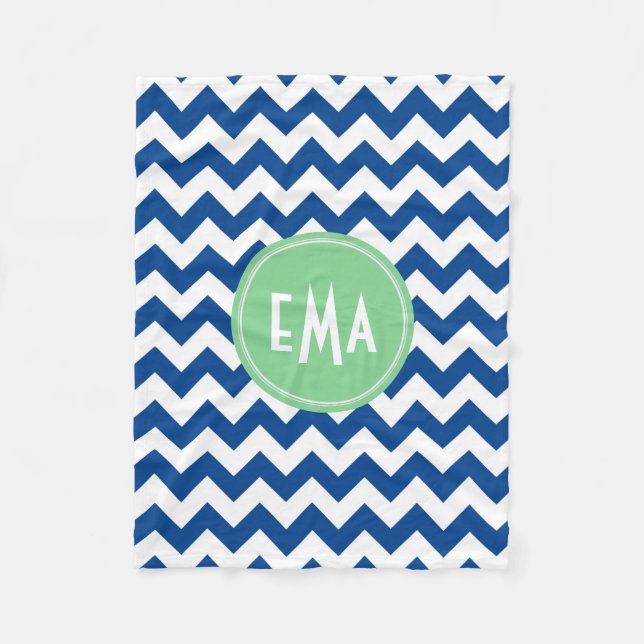 Blue And White Monogram Chevron Geometric Pattern Fleece Blanket (Front)