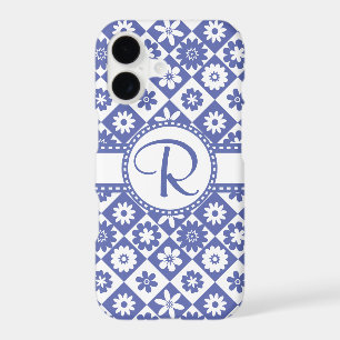 Blue and White Monogram R Pretty Floral Pattern