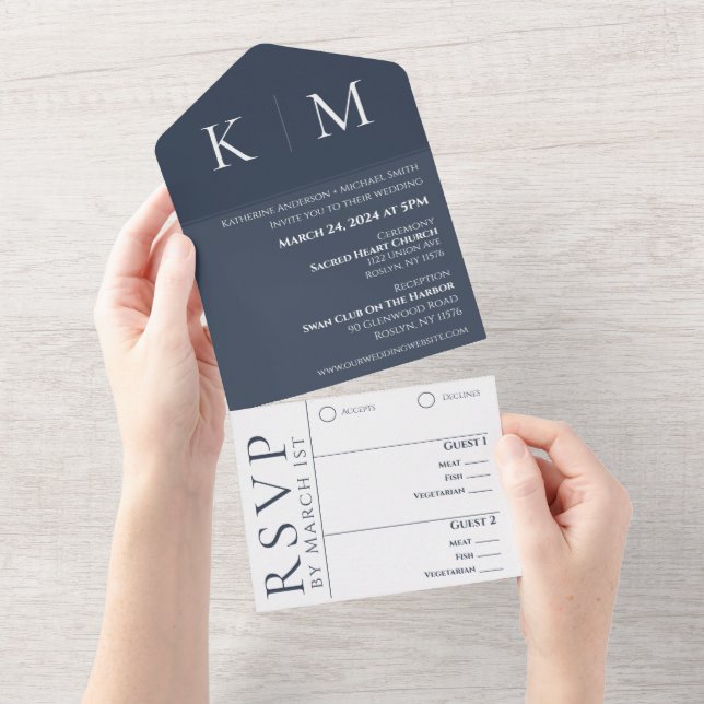 Blue and White-Monogram-Wedding- All In One Invitation (Tearaway)