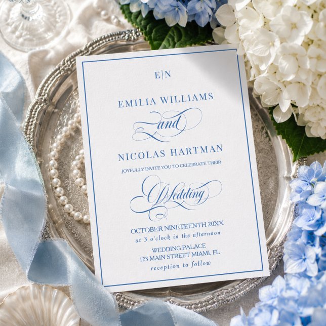 Blue and White Monogram Wedding Invitation (Creator Uploaded)