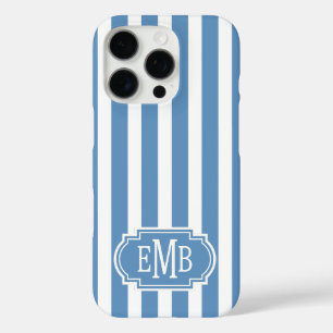 Blue and White Monogrammed Stripes iPhone 16 Pro Case