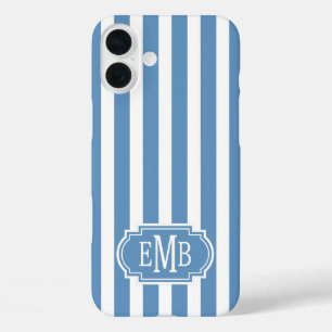 Blue and White Monogrammed Stripes iPhone 16 Plus Case