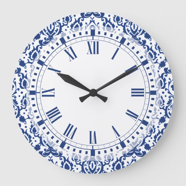 Blue and White Moroccan Casbah Damask Large Clock (Front)