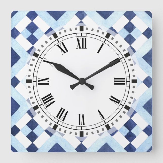Blue and White Moroccan Geometric Kitchen Square Wall Clock (Front)