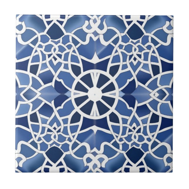Blue and White Moroccan Pattern Ceramic Tile (Front)