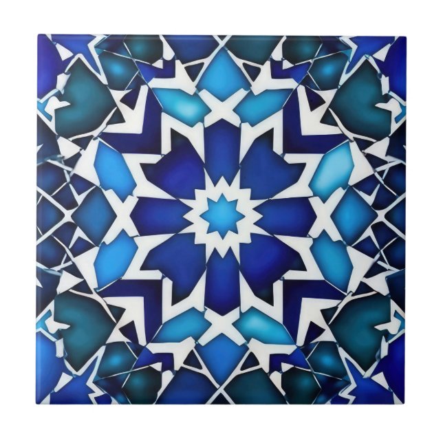 Blue and White Moroccan Pattern Ceramic Tile (Front)