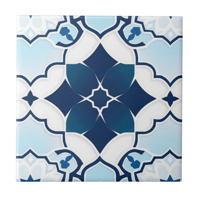 Blue and White Moroccan Pattern Ceramic Tile (Front)