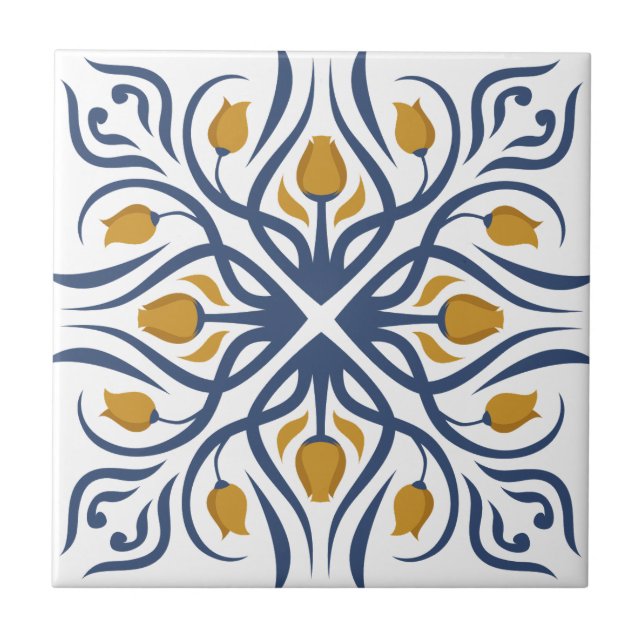 Blue and White Moroccan Pattern Ceramic Tile (Front)