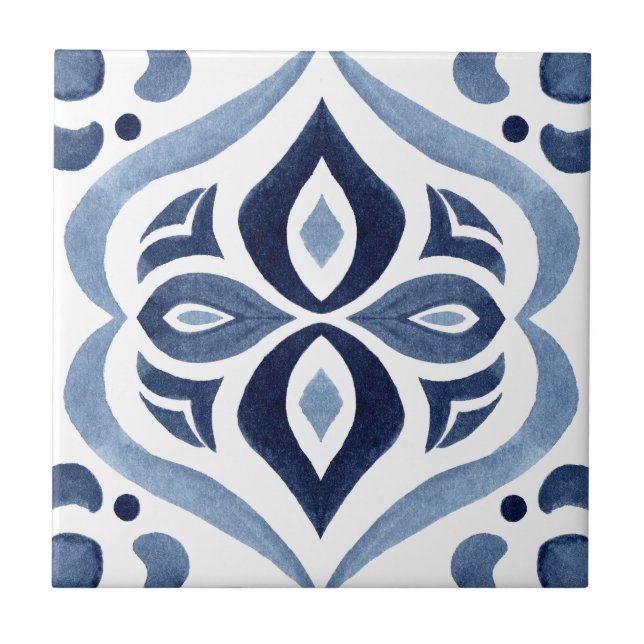 Blue and White Moroccan Pattern Ceramic Tile (Front)