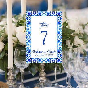 Blue and White Moroccan Tile Pattern Wedding Table Number