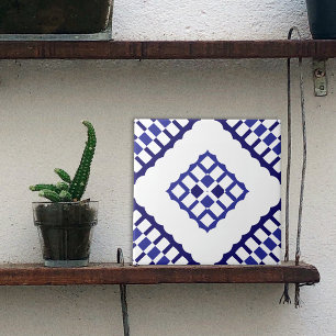 Blue and White Mosaic Geometric Azulejo Pattern Ceramic Tile