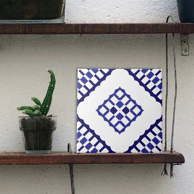 Blue and White Mosaic Geometric Azulejo Pattern Ceramic Tile (Creator Uploaded)