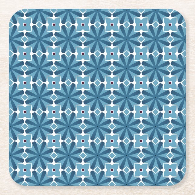 Blue and White Mosaic Square Paper Coaster (Front)