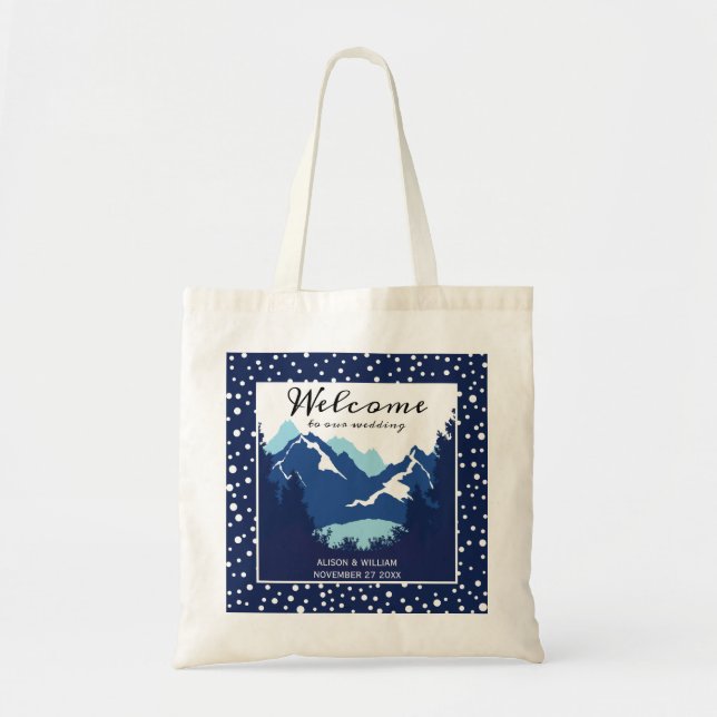 Blue and white mountains wedding welcome tote bag (Front)