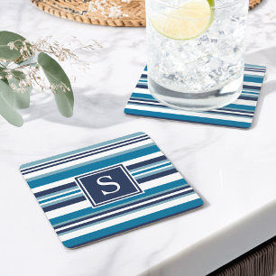 Blue and White Multi Stripe Monogram Square Paper Coaster