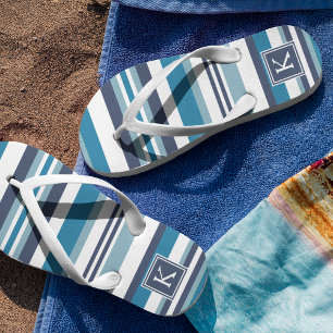 Blue and White Multi Stripe Monogram Thongs