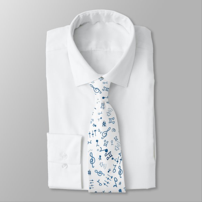 Blue And White Music Pattern Tie (Tied)