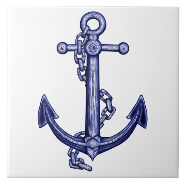 Blue and white nautical anchor ceramic tile (Front)