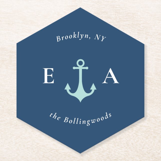 Blue and White Nautical Anchor Couple's Monogram Paper Coaster (Front)