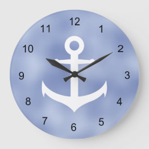 Blue and White Nautical Anchor Large Clock