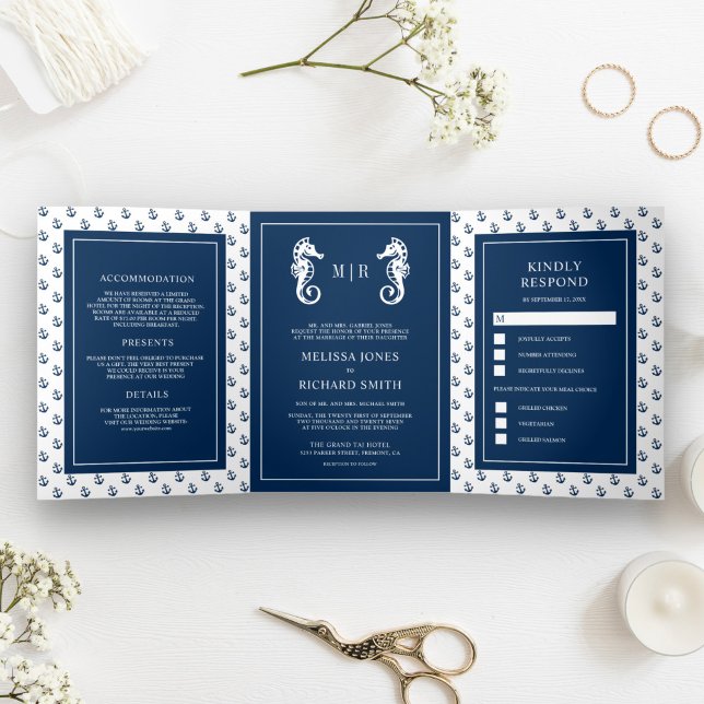 Blue and White Nautical Anchor Seahorse Wedding Tri-Fold Invitation (Creator Uploaded)