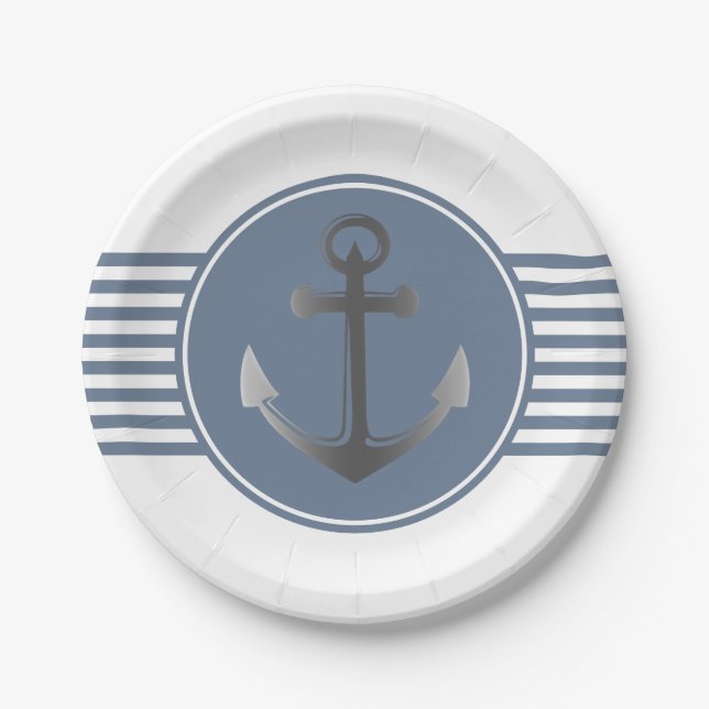 Blue and White Nautical Anchor Stripes Paper Plate (Front)