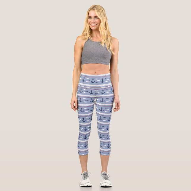 Blue and White Nautical Anchors High Waisted Yoga Capri Leggings (Front)