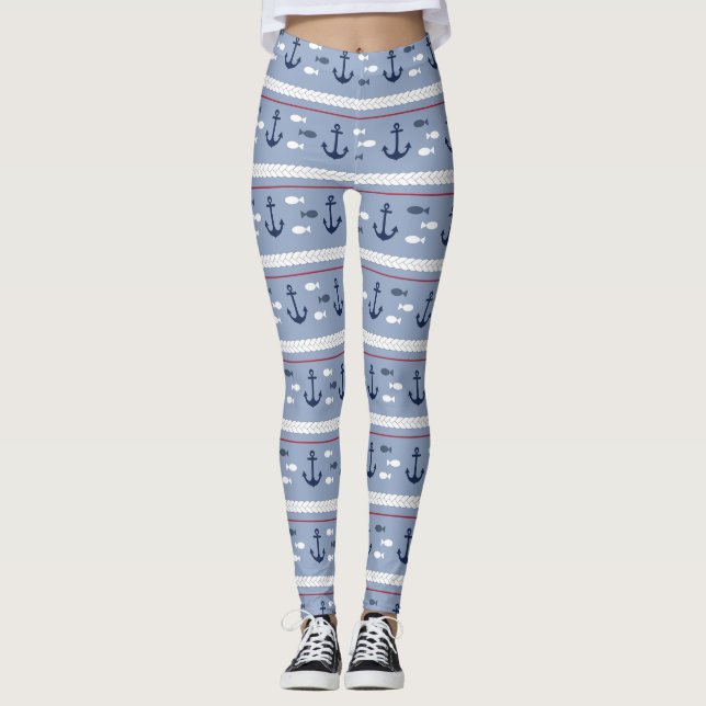 Blue and White Nautical Anchors Leggings (Front)