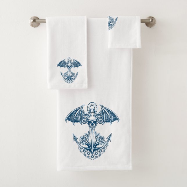 Blue and white nautical boat anchor bath towel set (Insitu)