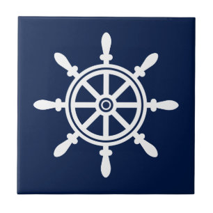 Blue and White Nautical Ceramic Tile - Ship Wheel