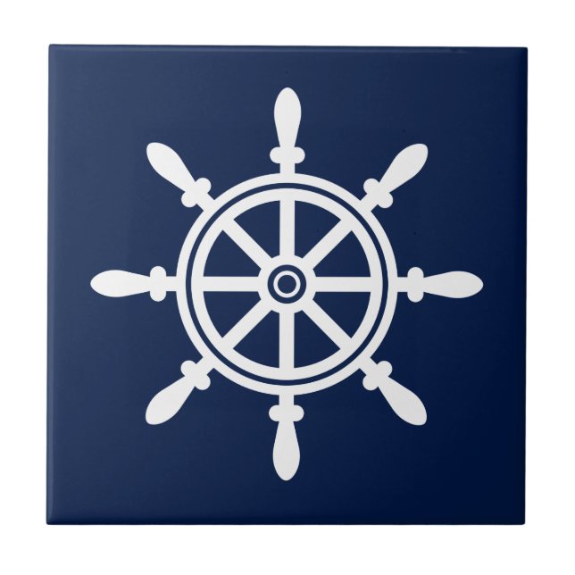 Blue and White Nautical Ceramic Tile - Ship Wheel (Front)