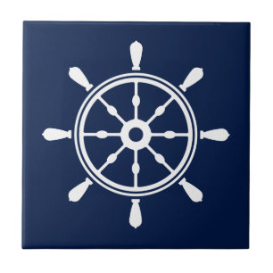 Blue and White Nautical Ceramic Tile - Ship Wheel