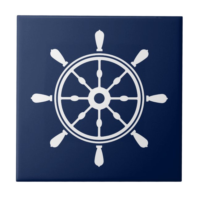 Blue and White Nautical Ceramic Tile - Ship Wheel (Front)