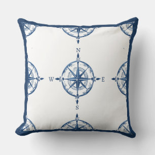 Blue and White Nautical Compass Throw Pillow