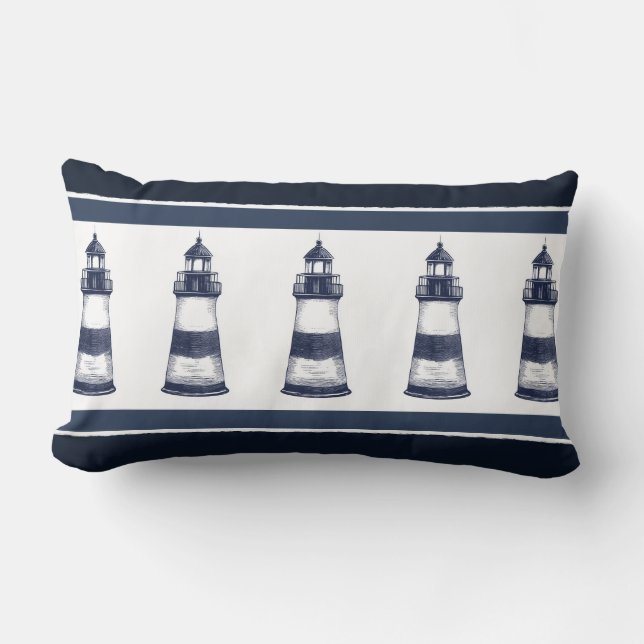 Blue and White Nautical Lighthouse Lumbar Cushion (Front)