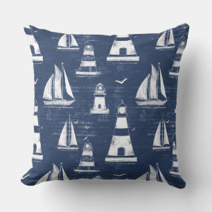 Blue and White Nautical Lighthouse Throw Pillow