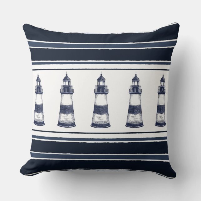 Blue and White Nautical Lighthouse Throw Pillow (Front)