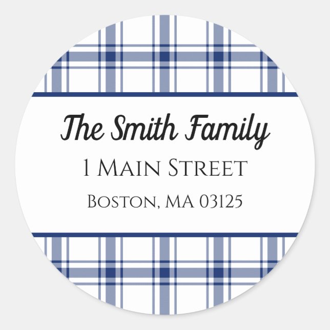 Blue and White Nautical Plaid Classic Round Sticker (Front)