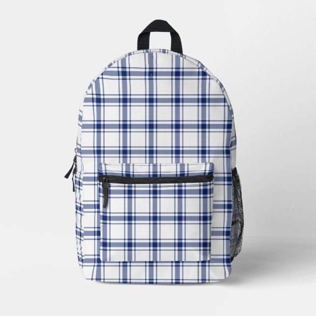 Blue and White Nautical Plaid Printed Backpack (Front)
