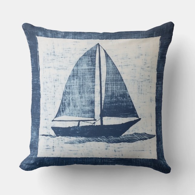 Blue and White Nautical Sailing Boat Throw Pillow (Front)