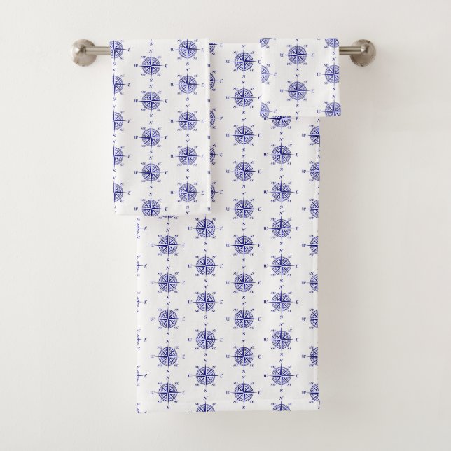 Blue and White Nautical Sailing Compass Bath Towel Set (Insitu)