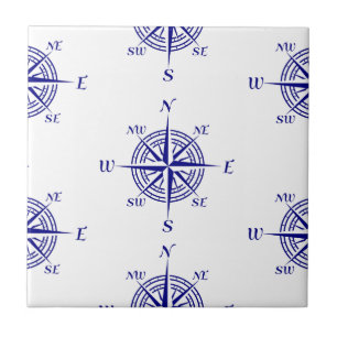 Blue and White Nautical Sailing Compass Ceramic Tile